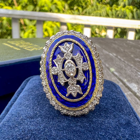 Vintage Diamond & Blue Enamel Ring sold by Doyle and Doyle an antique and vintage jewelry boutique
