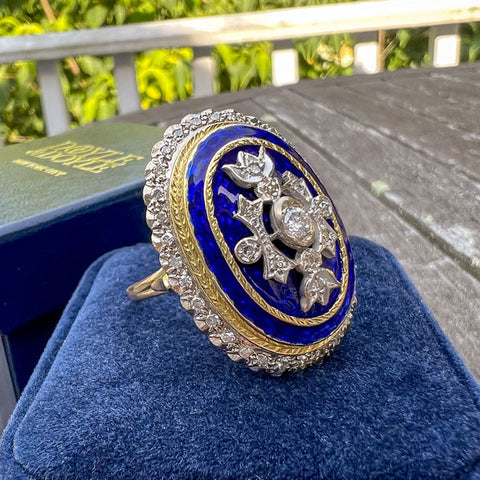 Vintage Diamond & Blue Enamel Ring sold by Doyle and Doyle an antique and vintage jewelry boutique