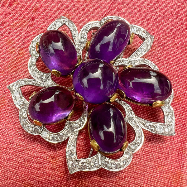 Vintage Cabochon Amethyst & Diamond Flower Pin, from Doyle & Doyle antique and vintage jewelry boutique