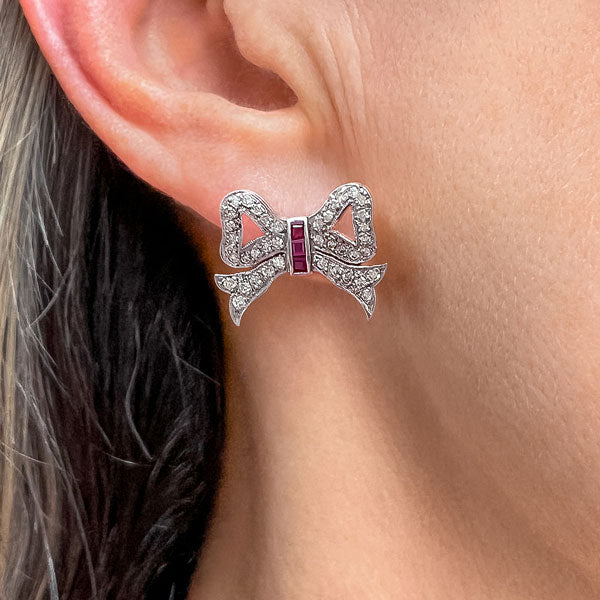 Vintage Ruby & Diamond Bow Earrings sold by Doyle and Doyle an antique and vintage jewelry boutique