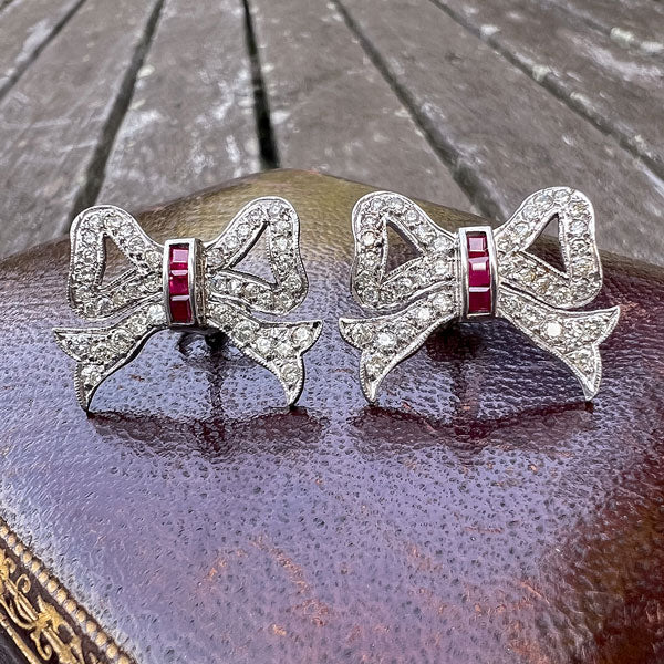 Vintage Ruby & Diamond Bow Earrings sold by Doyle and Doyle an antique and vintage jewelry boutique