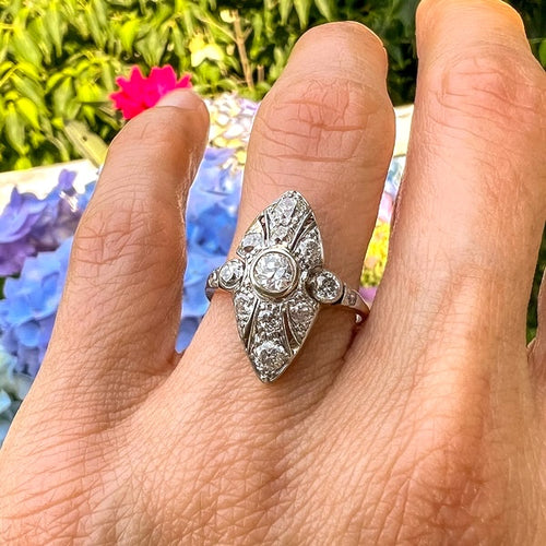 Vintage Diamond Dinner Ring in navette shape, from Doyle & Doyle antique and vintage jewelry boutique