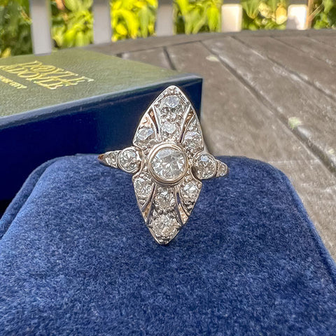 Vintage Diamond Dinner Ring in navette shape, from Doyle & Doyle antique and vintage jewelry boutique