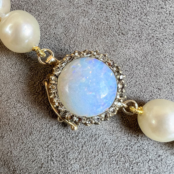 Antique Pearl Single Strand Necklace, Opal & Diamond Clasp sold by Doyle and Doyle an antique and vintage jewelry boutique