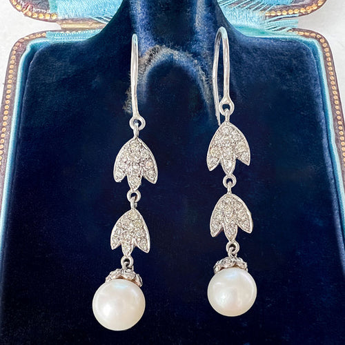 Vintage Diamond & Pearl Drop Earrings sold by Doyle and Doyle an antique and vintage jewelry boutique