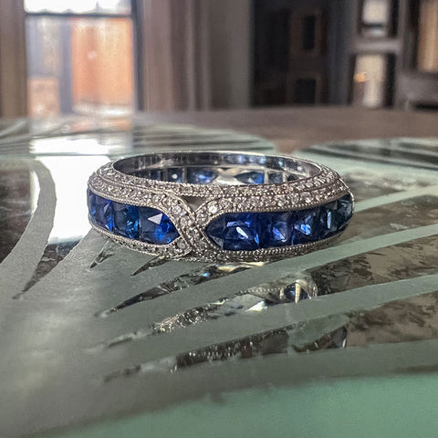 Vintage Sapphire & Diamond Eternity Band Ring sold by Doyle and Doyle an antique and vintage jewelry boutique