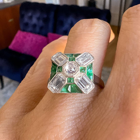 Vintage Diamond & Emerald Geometric Ring, from Doyle & Doyle antique and vintage jewelry boutique