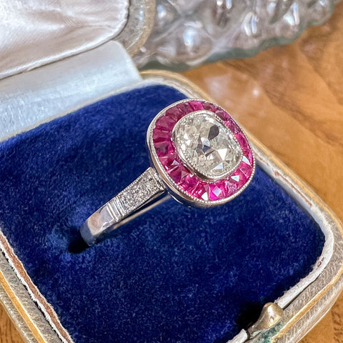 Vintage Diamond & Ruby Frame Ring, Old Mine 0.75 sold by Doyle and Doyle an antique and vintage jewelry boutique