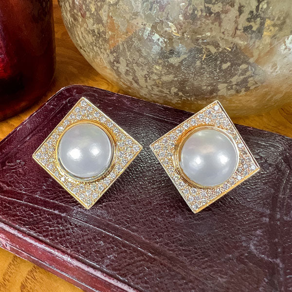 Vintage Mabe Pearl & Diamond Earrings sold by Doyle and Doyle an antique and vintage jewelry boutique