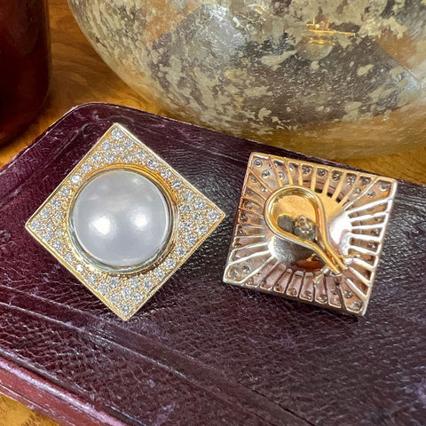 Vintage Mabe Pearl & Diamond Earrings sold by Doyle and Doyle an antique and vintage jewelry boutique