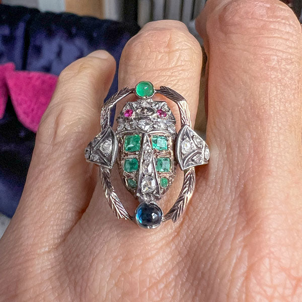 Antique Emerald, Sapphire & Rose cut Diamond Scarab Ring, from Doyle & Doyle antique and vintage jewelry boutique
