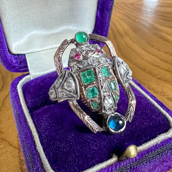 Antique Emerald, Sapphire & Rose cut Diamond Scarab Ring, from Doyle & Doyle antique and vintage jewelry boutique