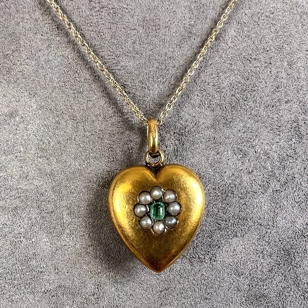 Victorian Emerald & Pearl Gold Heart Pendant, from Doyle & Doyle antique and vintage jewelry boutique