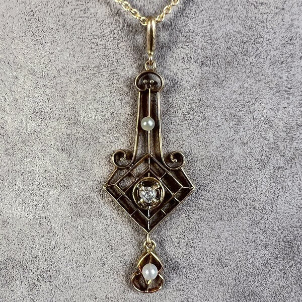 Antique Edwardian Diamond & Pearl Gold Lavaliere Pendant, sold by Doyle & Doyle an antique and vintage jewelry boutique