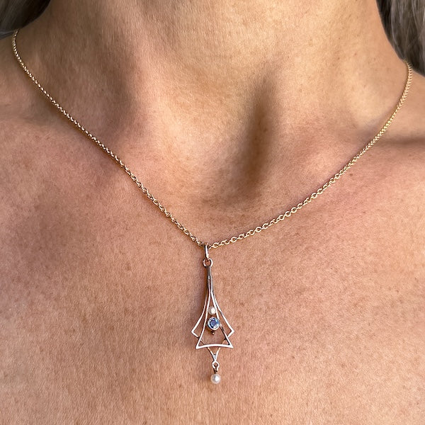 Edwardian Sapphire & Pearl Lavaliere Pendant, from Doyle & Doyle antique and vintage jewelry boutique