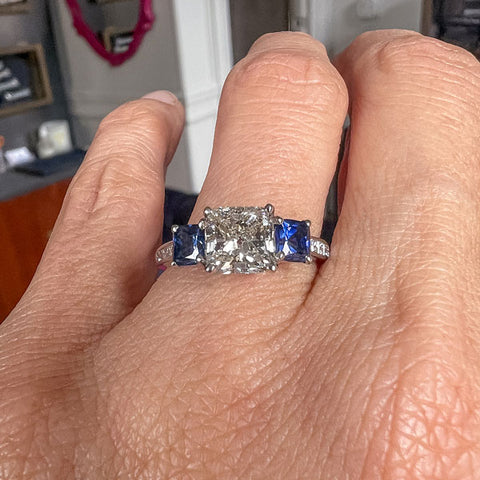 Vintage Diamond & Sapphire Engagement Ring, Cushion 1.94ct sold by Doyle and Doyle an antique and vintage jewelry boutique