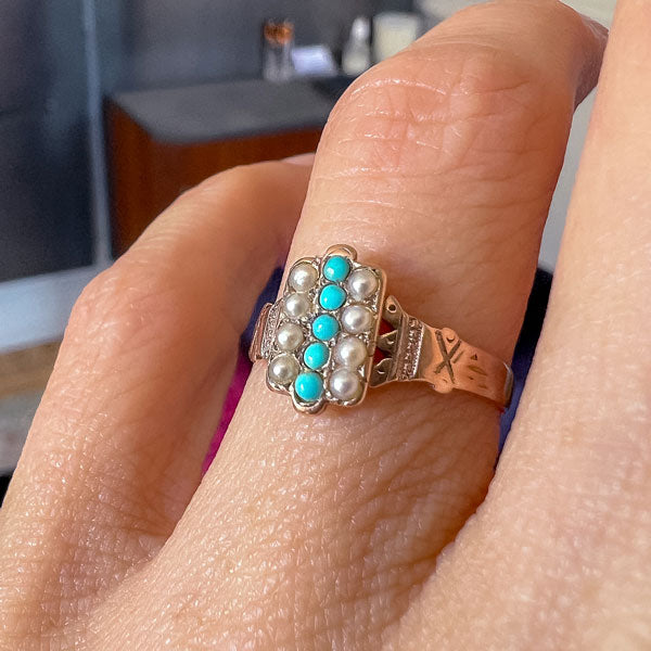 Victorian Turquoise & Pearl Ring sold by Doyle and Doyle an antique and vintage jewelry boutique