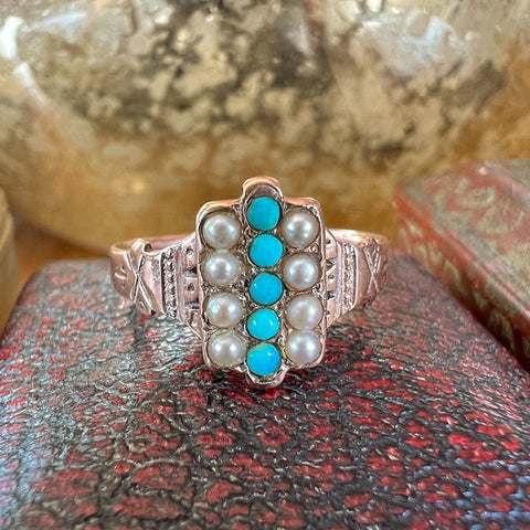 Victorian Turquoise & Pearl Ring sold by Doyle and Doyle an antique and vintage jewelry boutique