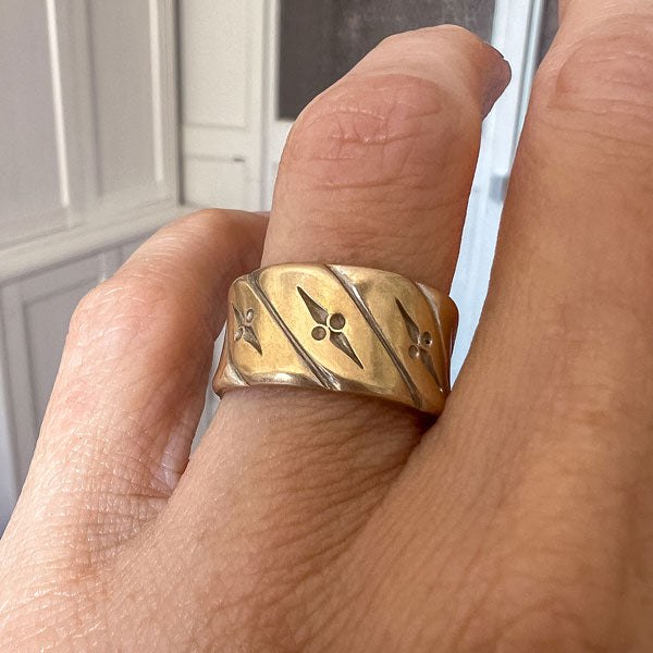 Vintage Wide Patterned Wedding Band Ring sold by Doyle and Doyle an antique and vintage jewelry boutique
