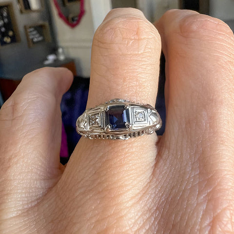 Vintage Sapphire &. Diamond Filigree Ring, Square 0.67. sold by Doyle and Doyle an antique and vintage jewelry boutique
