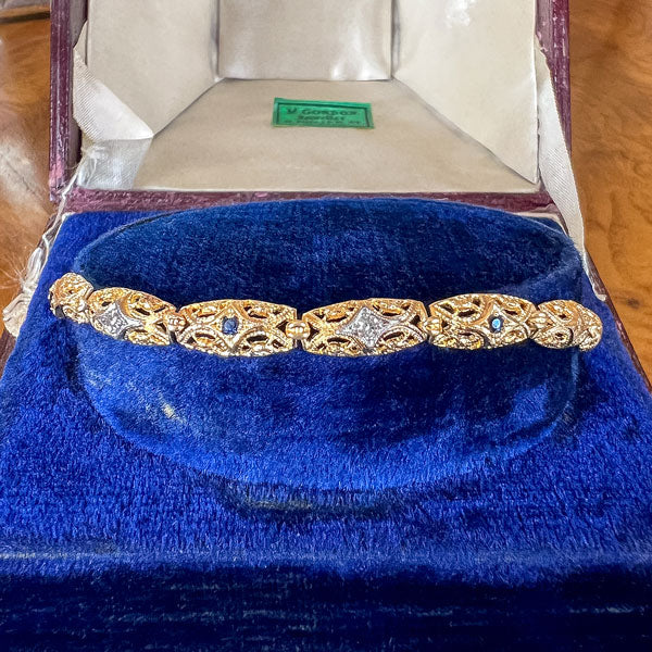 Vintage Diamond & Sapphire Filigree Link Bracelet sold by Doyle and Doyle an antique and vintage jewelry boutique