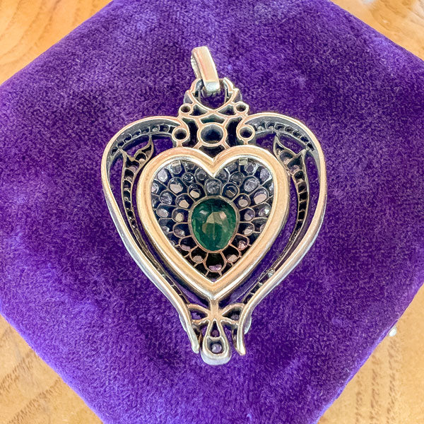 Antique French Emerald Diamond Heart Locket sold by Doyle and Doyle an antique and vintage jewelry boutique