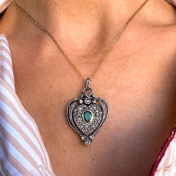 Antique French Emerald and Diamond Heart Locket sold by Doyle and Doyle an antique and vintage jewelry boutique