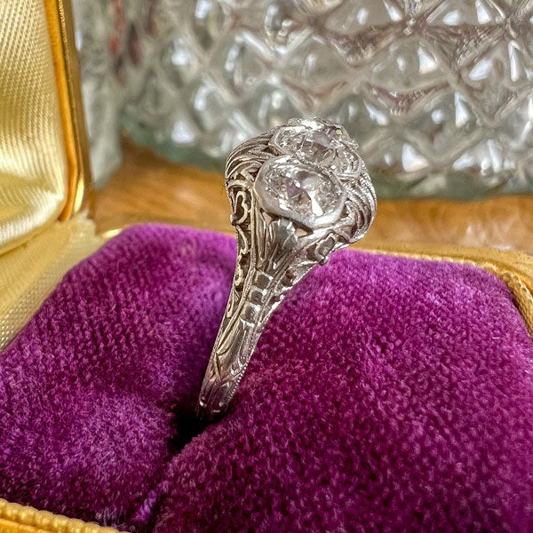 Vintage Filigree Three Stone Engagement Ring, Old Euro. 0.35ct sold by Doyle and Doyle an antique and vintage jewelry boutique