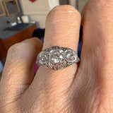 Vintage Filigree Three Stone Engagement Ring, Old Euro. 0.35ct sold by Doyle and Doyle an antique and vintage jewelry boutique