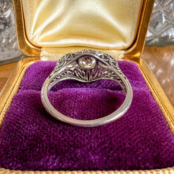 Vintage Filigree Three Stone Engagement Ring, Old Euro. 0.35ct sold by Doyle and Doyle an antique and vintage jewelry boutique