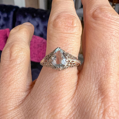 Vintage Aquamarine Filigree Ring, Pear Shaped 1ct sold by Doyle and Doyle an antique and vintage jewelry boutique