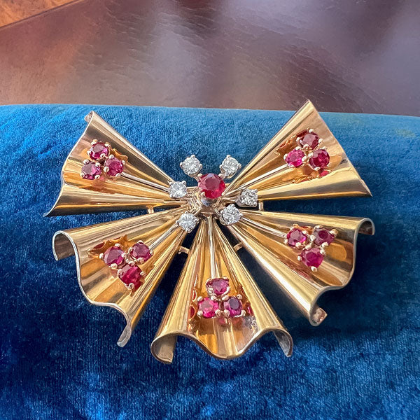 Retro Ruby & Diamond Fan Pin/ Pendant sold by Doyle and Doyle an antique and vintage jewelry boutique
