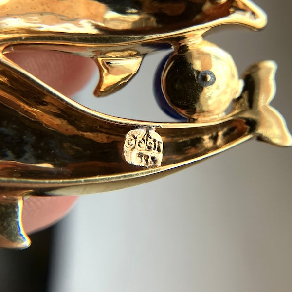 Vintage Gold Sapphire Dolphin Pin, from Doyle & Doyle antique and vintage jewelry boutique
