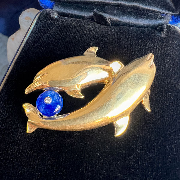 Vintage Gold Sapphire Dolphin Pin, from Doyle & Doyle antique and vintage jewelry boutique