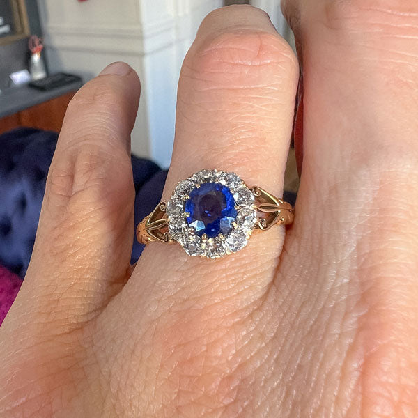 Victorian Sapphire & Diamond Cluster Ring, Cushion 1ct. sold by Doyle and Doyle an antique and vintage jewelry boutique