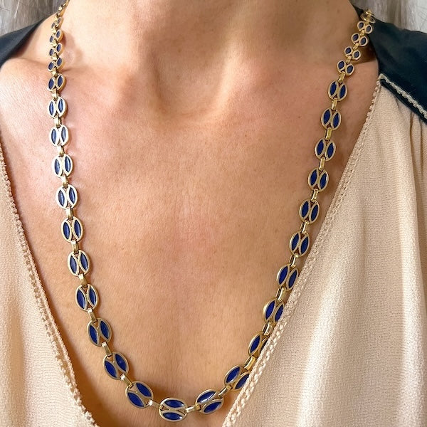Vintage Blue Enamel Gold Chain Necklace sold by Doyle and Doyle an antique and vintage jewelry boutique