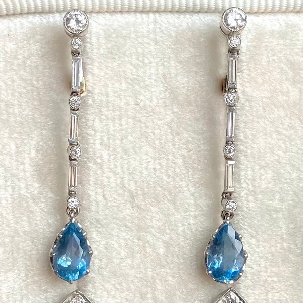 Art Deco Diamond and Aquamarine Drop Earrings, from Doyle & Doyle antique and vintage jewelry