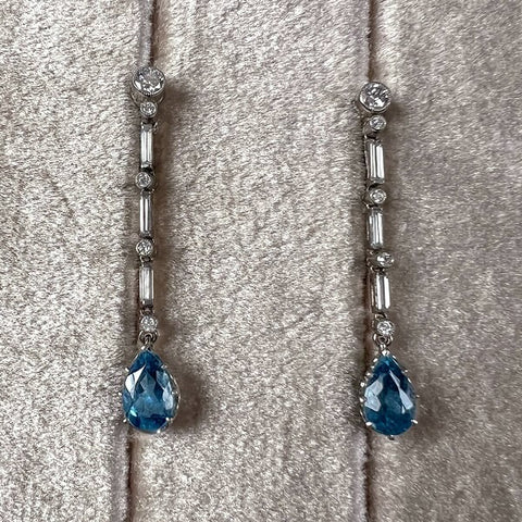 Art Deco Diamond and Aquamarine Drop Earrings, from Doyle & Doyle antique and vintage jewelry