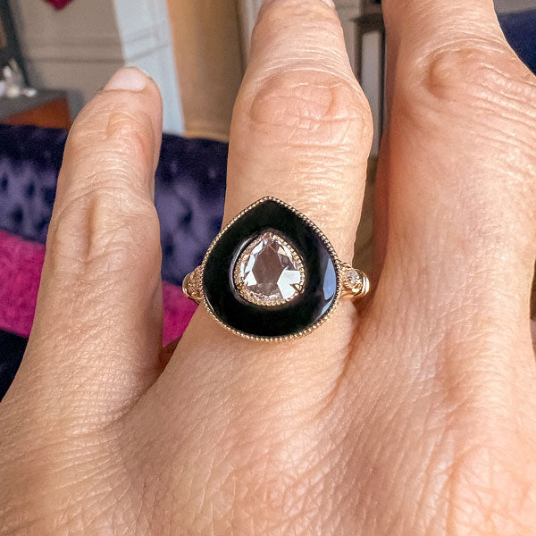 Pear Shaped Rose cut Diamond & Black Onyx Ring sold by Doyle and Doyle an antique and vintage jewelry boutique