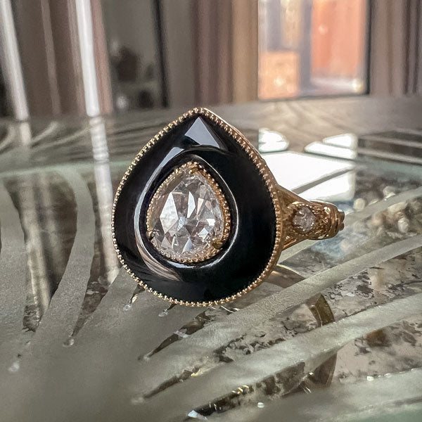 Pear Shaped Rose cut Diamond & Black Onyx Ring sold by Doyle and Doyle an antique and vintage jewelry boutique