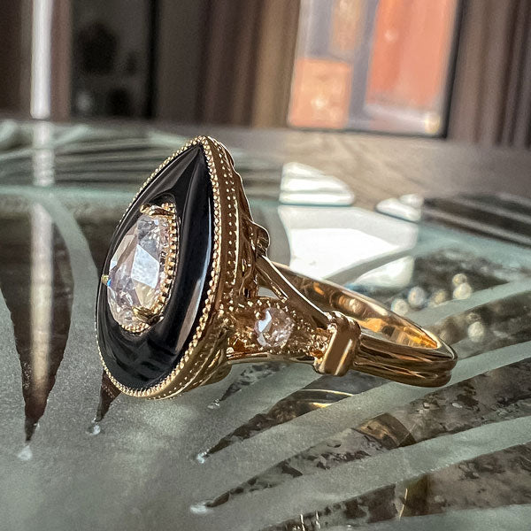 Pear Shaped Rose cut Diamond & Black Onyx Ring sold by Doyle and Doyle an antique and vintage jewelry boutique