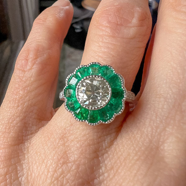 Old Mine Cut Diamond & Emerald Ring sold by Doyle and Doyle an antique and vintage jewelry boutique