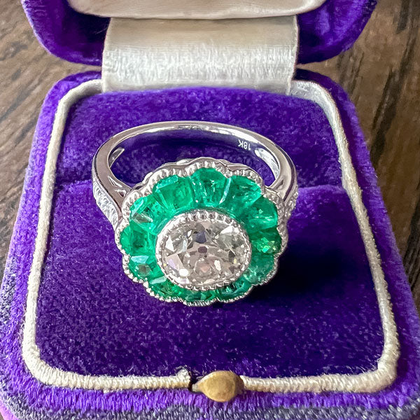 Old Mine Cut Diamond & Emerald Ring sold by Doyle and Doyle an antique and vintage jewelry boutique