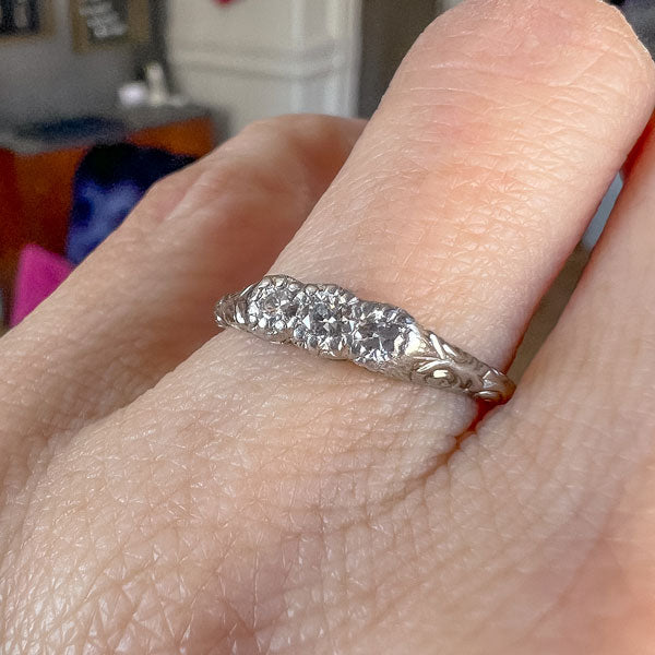 Vintage Three Stone Diamond Ring, RBC 0.20 ctw. sold by Doyle and Doyle an antique and vintage jewelry boutique
