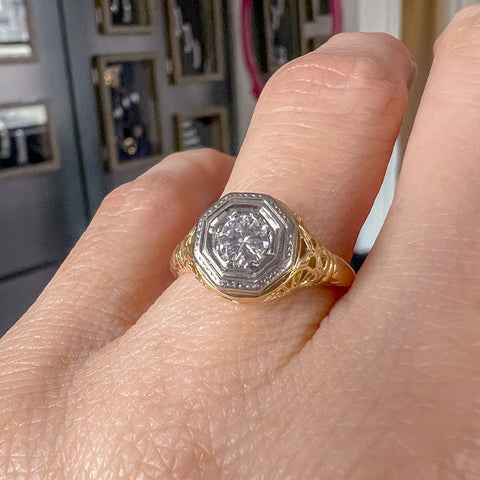 Vintage Filigree Engagement Ring, RBC 0.25ctw sold by Doyle and Doyle an antique and vintage jewelry boutique