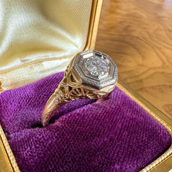 Vintage Filigree Engagement Ring, RBC 0.25ctw sold by Doyle and Doyle an antique and vintage jewelry boutique