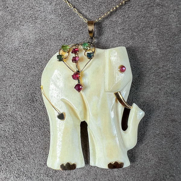 Vintage Emerald, Sapphire & Ruby Elephant Pendant sold by Doyle and Doyle an antique and vintage jewelry boutique