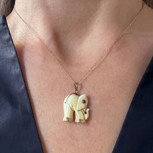 Vintage Carved Elephant Pendant, sold by Doyle & Doyle antique and vintage jewelry boutique