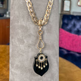 Antique Gold Watch Chain with sliding swivel clip and Victorian onyx pendant, from Doyle & Doyle antique and vintage jewelry boutique