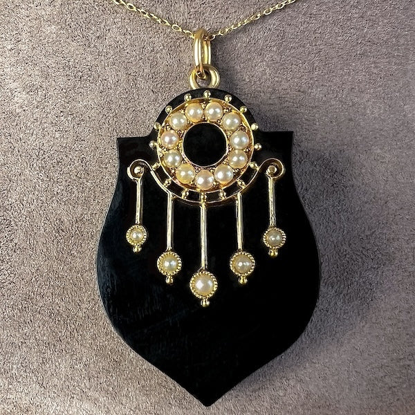 Victorian Carved Onyx & Pearl Pendant with Locket Back, from Doyle & Doyle antique and vintage jewelry boutique
